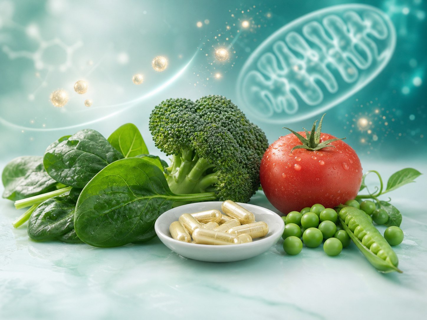 Spinach, broccoli, tomato, peas, and supplement capsules representing alpha-lipoic acid